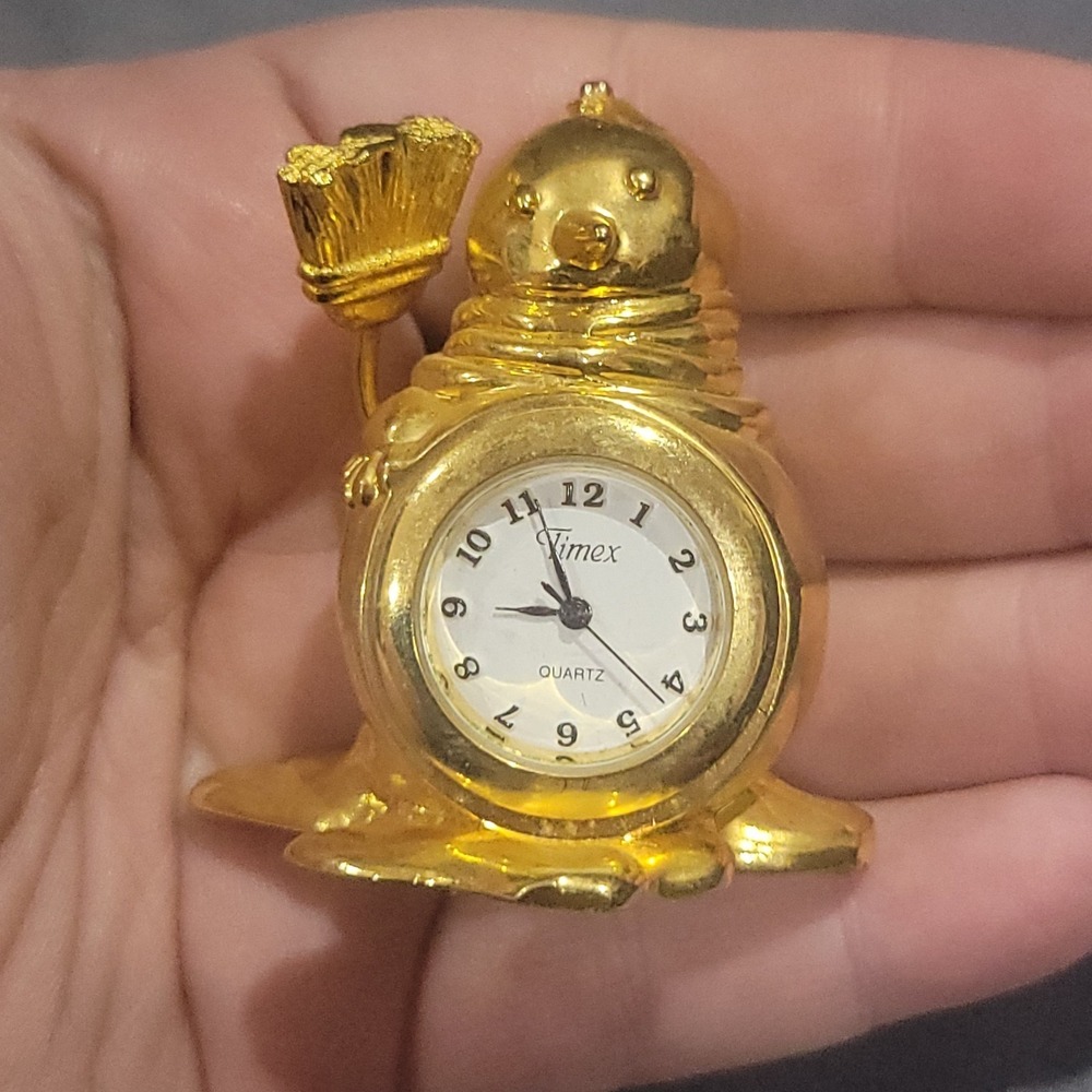 Vtg Timex Brass gold Tone Desk Clock Paperweight Snowman